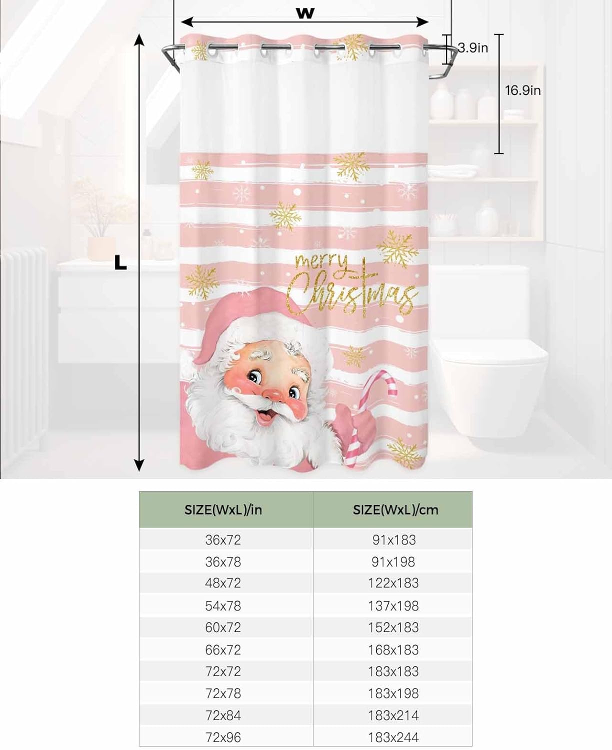 No Hook Christmas Shower Curtains, Pink Santa Waterproof Shower Curtain with Snap in Liner Set, Snowflake Xmas Bathroom Curtain, Pink White Striped See Through Mesh Top Window - Stall 36"x72"