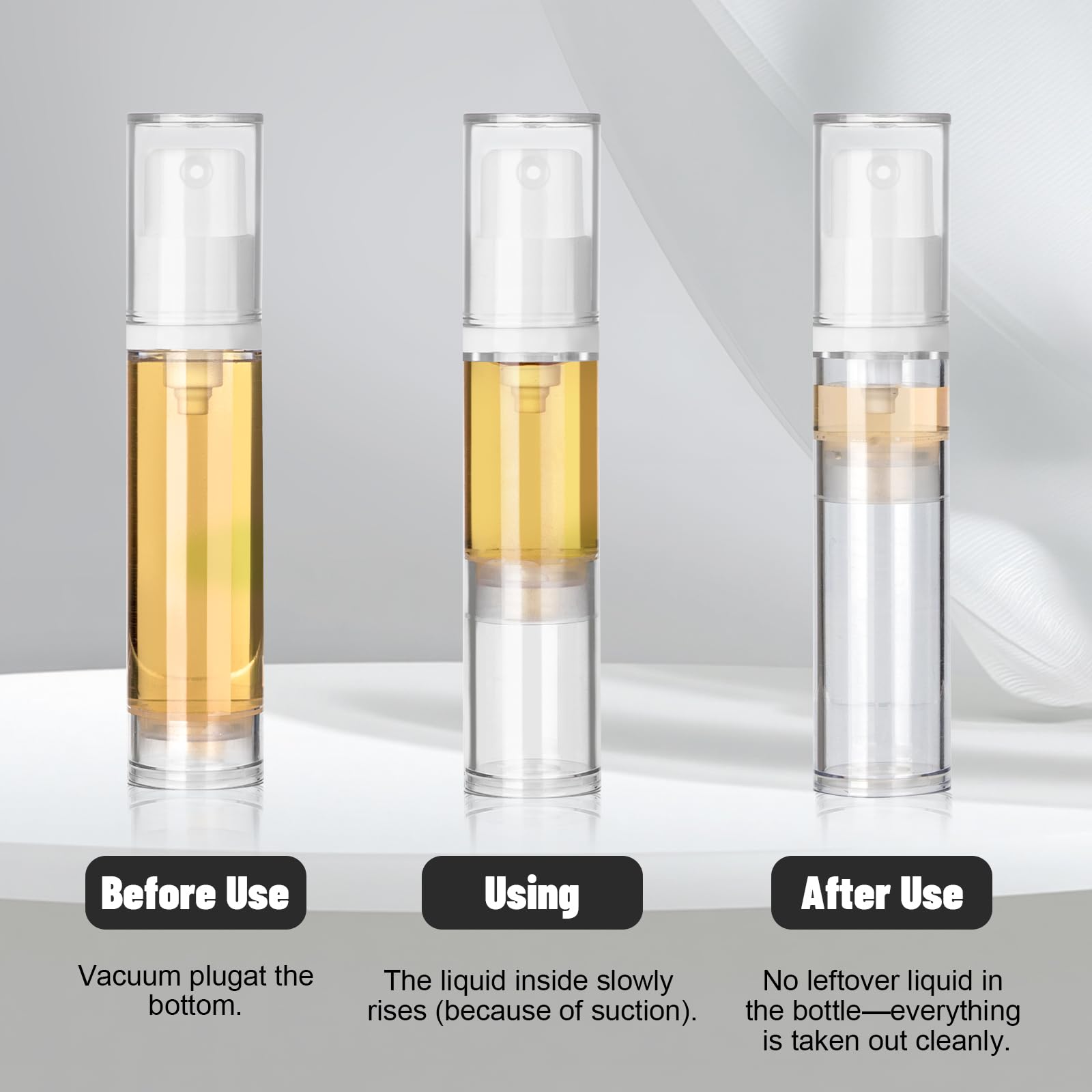 Leikedun 10 flaconi vuoti a pompa airless da 10 ml, ricaricabili, trasparenti, da viaggio, contenitori per cosmetici, con adesivi, per fondotinta, essenza, crema, lozioni, articoli da toeletta
