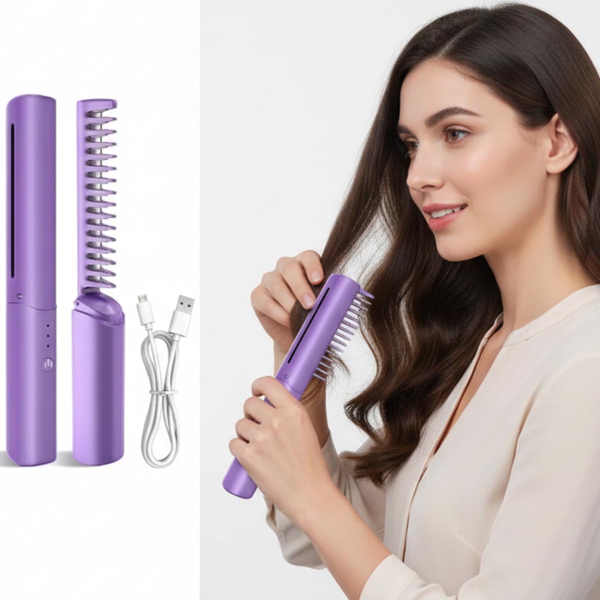 Magic Hair Styling Comb – Cordless Mini Straightener, Fast Heat, Pink