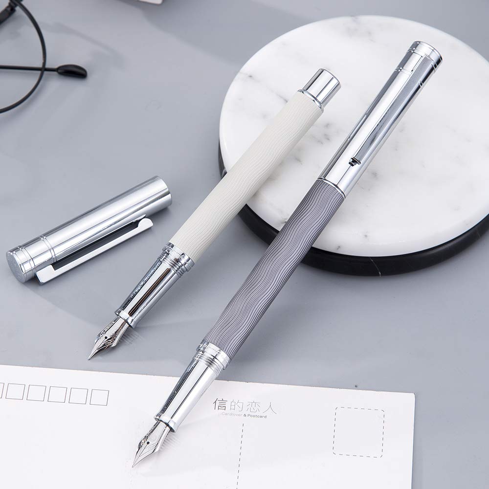 HongDian Stylo-plume classique en acier inoxydable avec motif vague blanche, pointe fine iridium, étui en métal et convertisseur d'encre