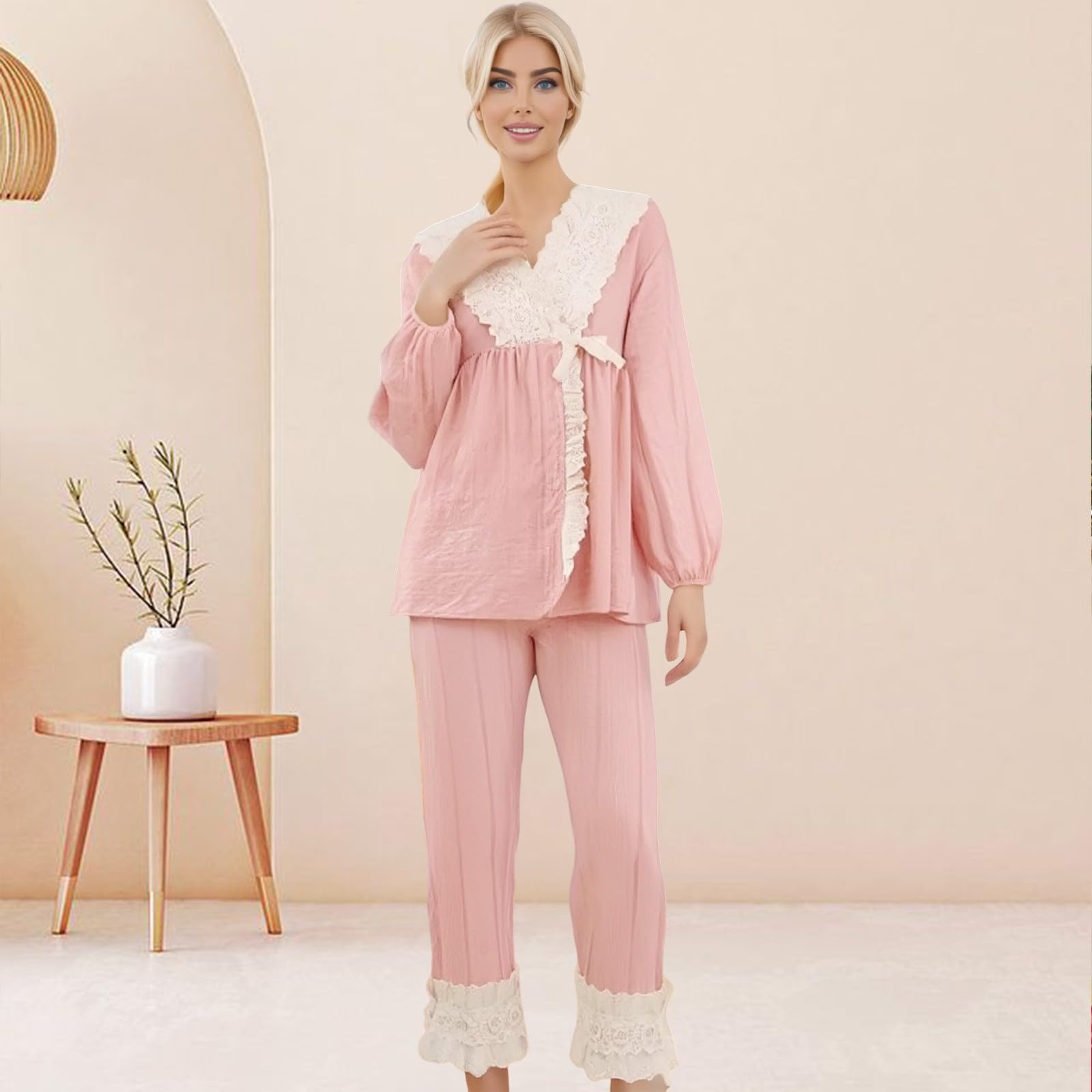 Damen Pyjama Set,Damen-Pyjama-Set Mit Langen ÄRmeln Und Jacquard-Muster ÜBergrößE Lockeres Spitzen-Homedress-Set