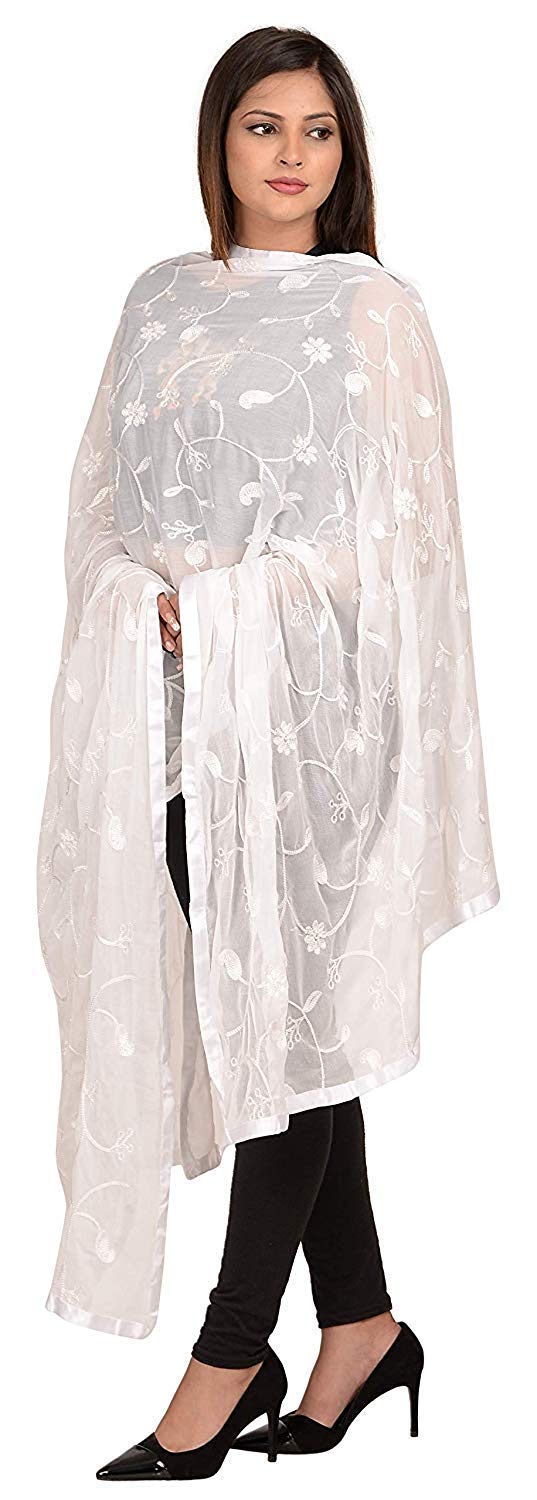 Kalpit Creations Women's Embroidered Nazmin Dupatta With Same Colour Lace Border And Same Color Embroidery Chiffon Aari Work/Ethnic Dupattas For Girls