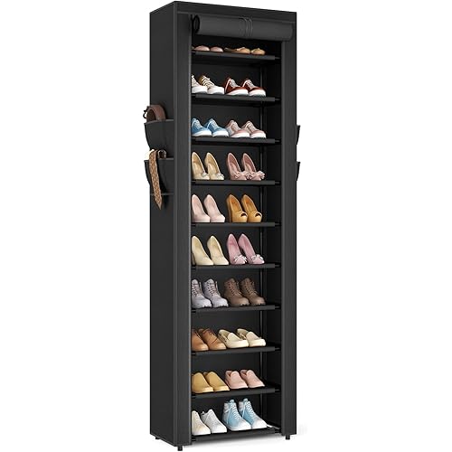 VTRIN Vertical Narrow Shoe Rack Organizer 10 Tier Tall Shoe Shelf Holds 20-22 Pairs with Non-Woven Dustproof Cover for Closet, Entryway Black