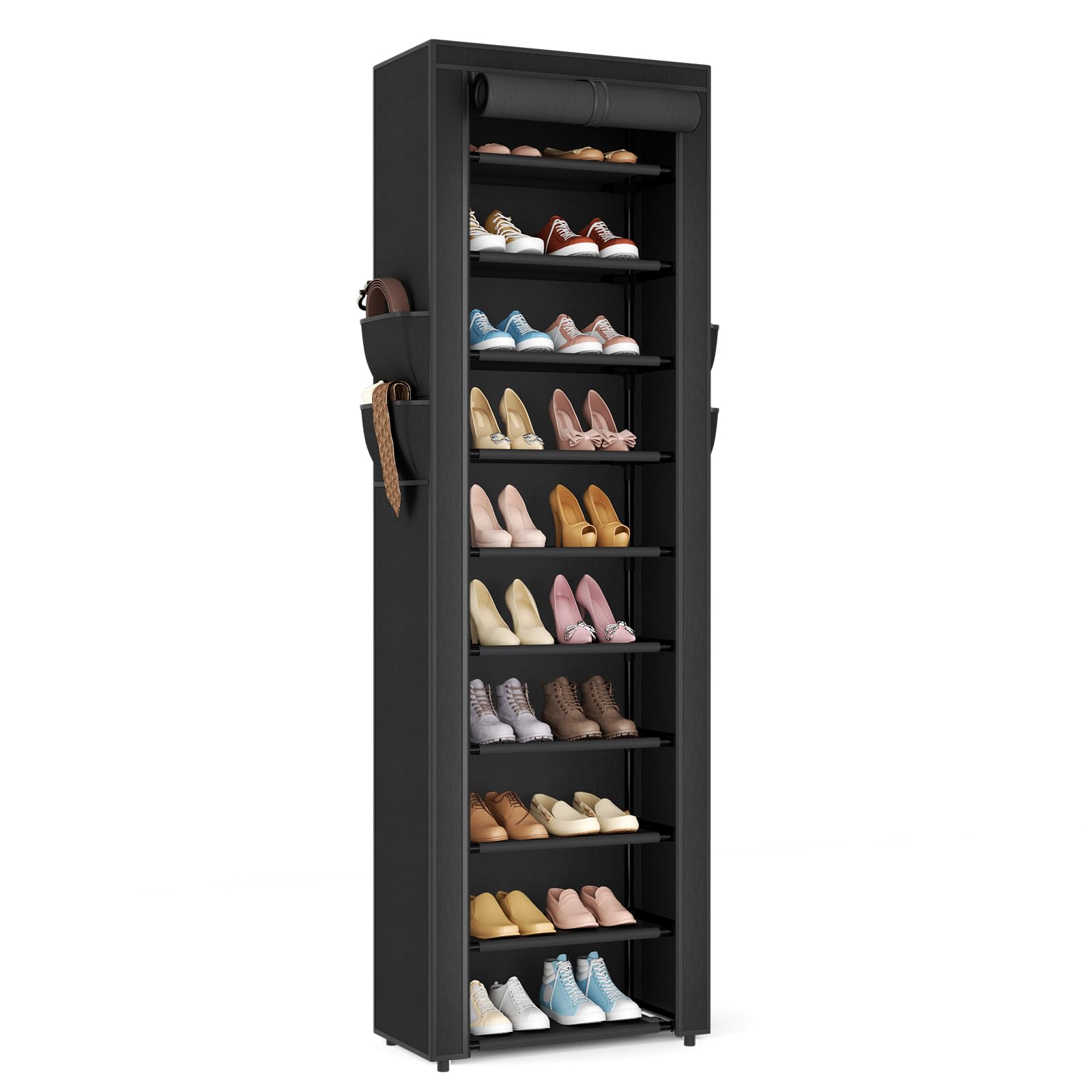 VTRIN Vertical Narrow Shoe Rack Organizer Tall Shoe Rack for Closet Entryway 10 Tier Non-Woven Cover Shoe Shelf Holds 20-22 Pairs Free Standing Shoe Storage Cabinet with Dustproof Cover, Black