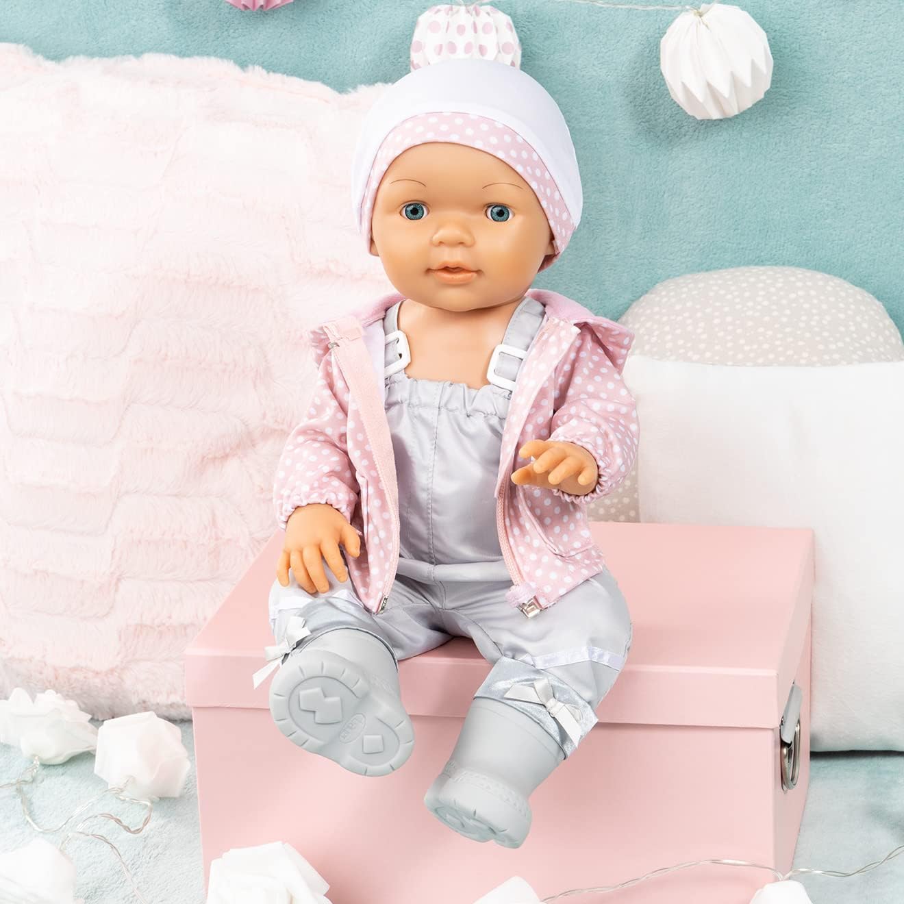 Bayer Design Design-84200AH 84200AH Doll Clothes, Doll Accessory, Dungarees, Jacket, Hat, Boots, Grey, Pink