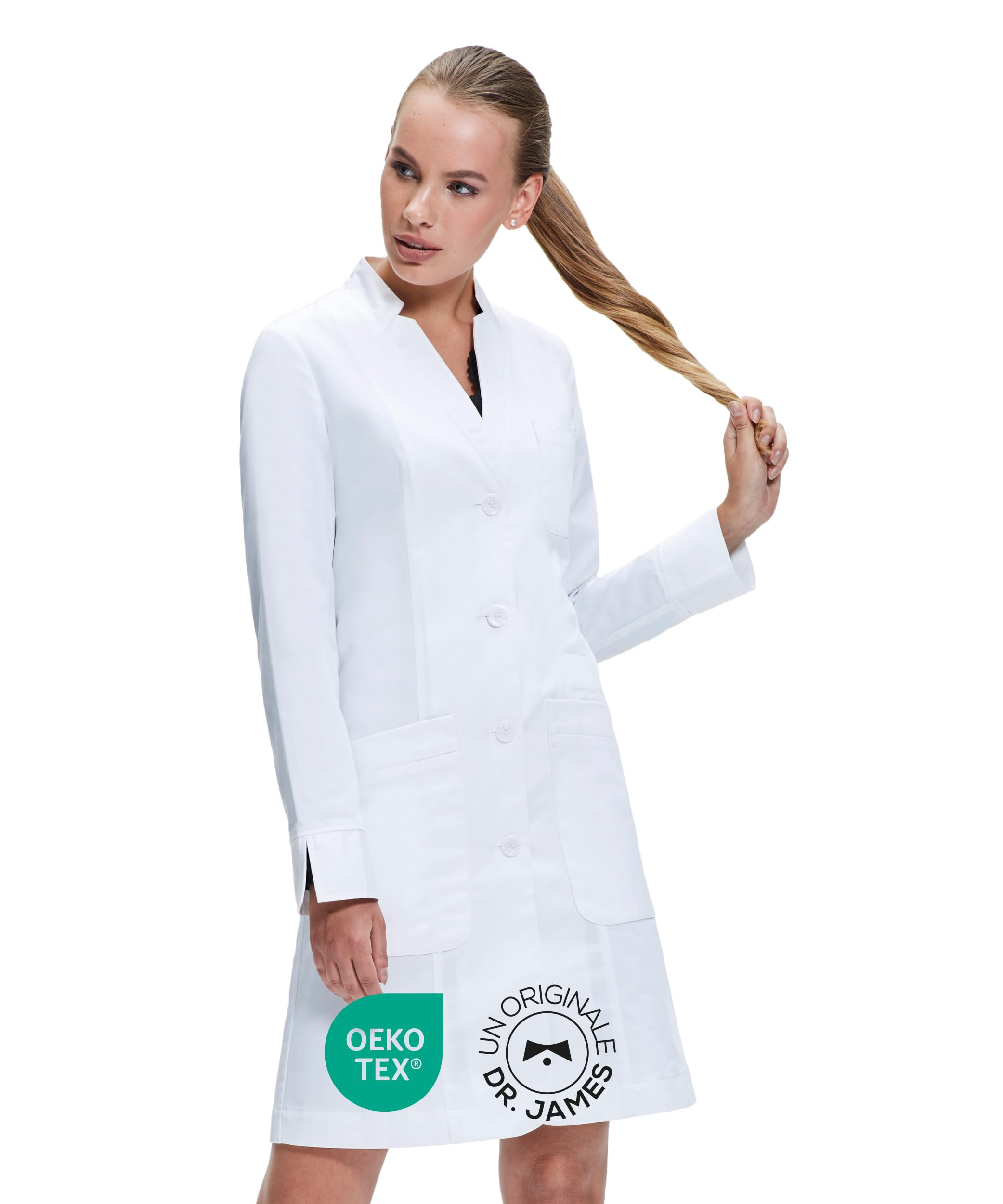 Dr. James Camice da Laboratorio Premium Sartoriale Donna, Vestibilità Slim Fit, Chiusura Classica a Bottoni, Polsini Risvoltabili, Lunghezza 89 cm, Tessuto Certificato OEKO-TEX