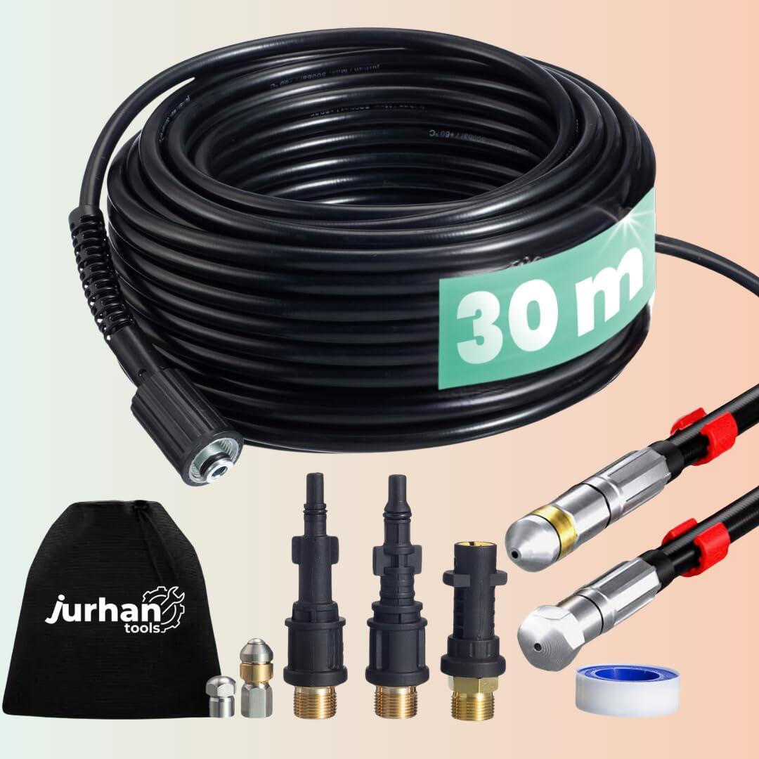 Kit de nettoyage de canalisations (30 m) – Kit avec 3 adaptateurs – Tuyau de nettoyage de canalisations haut pression de haute qualité