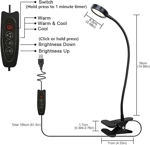 Miniatura 4 de Lámpara de escritorio con clip USB con 3 modos de color, brillo ajustable, cuello de cisne flexible, temporizador de 1 minuto, luz de libro para