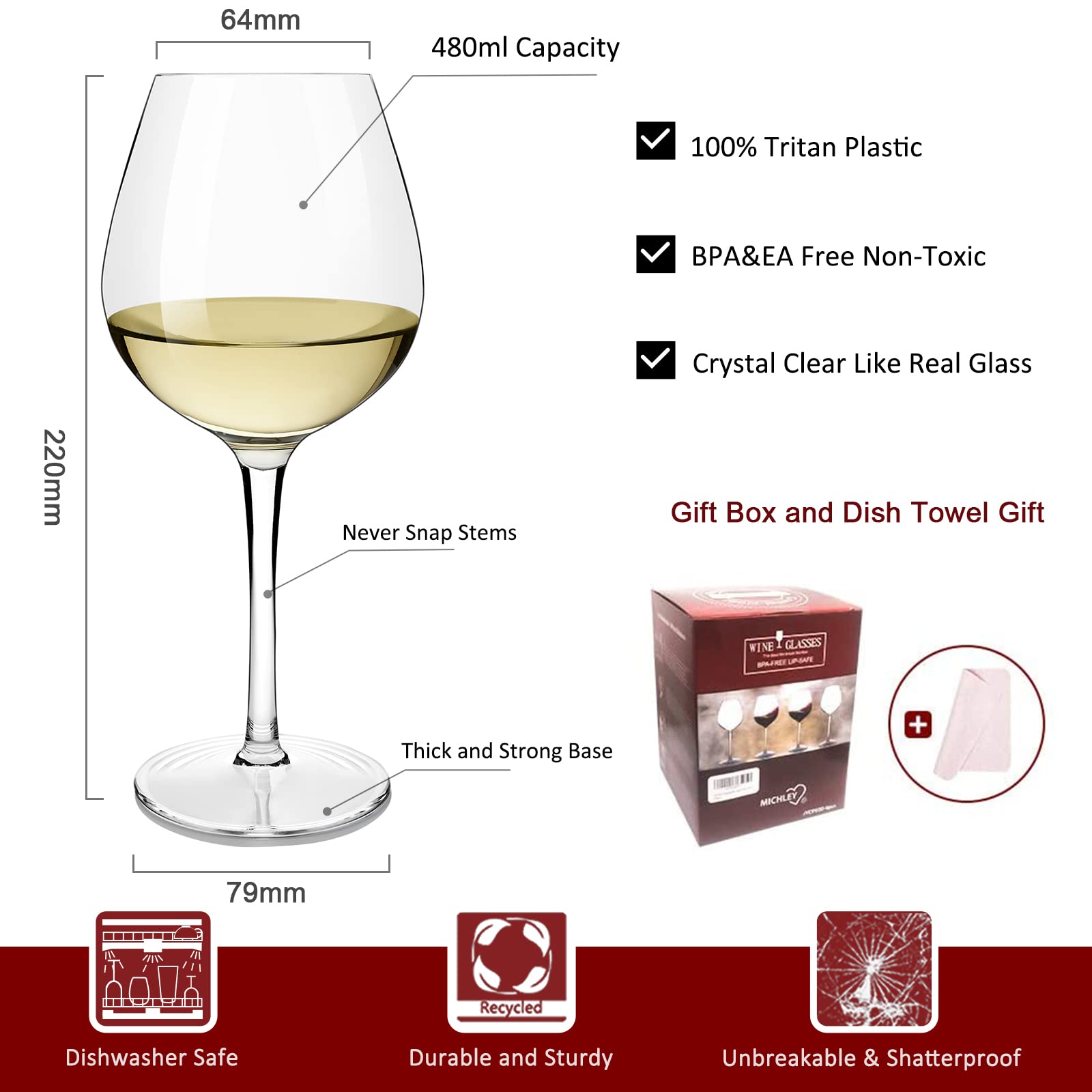 MICHLEY Unzerbrechlich Tritan-Kunststoff weingläser, rotwein trinkglas, gläser fur Camping Party, BPA-frei plastik Tasse 500 ml(17 oz), 6er Set