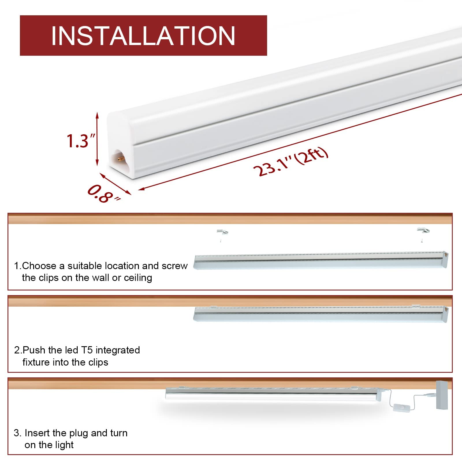 Luz LED Tienda 2FT 10W 1100LM 6500K Luz Debajo la Cabina y luz LED Techo Barra luz LED habitación Plug and Play Interruptor Encendido/Apagado
