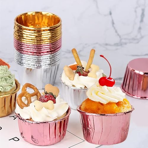 100 Pack 3.5 Oz Foil Baking Cups With Dome Lids Disposable Mini Cupcake Liner Muffin Tins Liners Cupcake Wrappers For Wedding Birthday Valentine,Rose Gold #TOP5