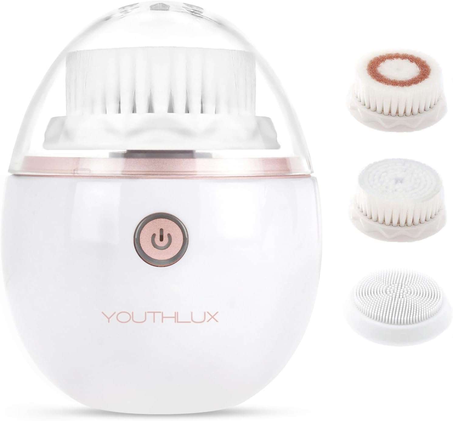 YouthLab Pure Radiance, Vibrating Facial Cleansing Brush, Electric, 3 Modes, 3 Brush Heads (2 Bristle,1 Silicone), Waterproof, Rechargeable, Smart Timer, Exfoliating, Massage (Rose Gold)