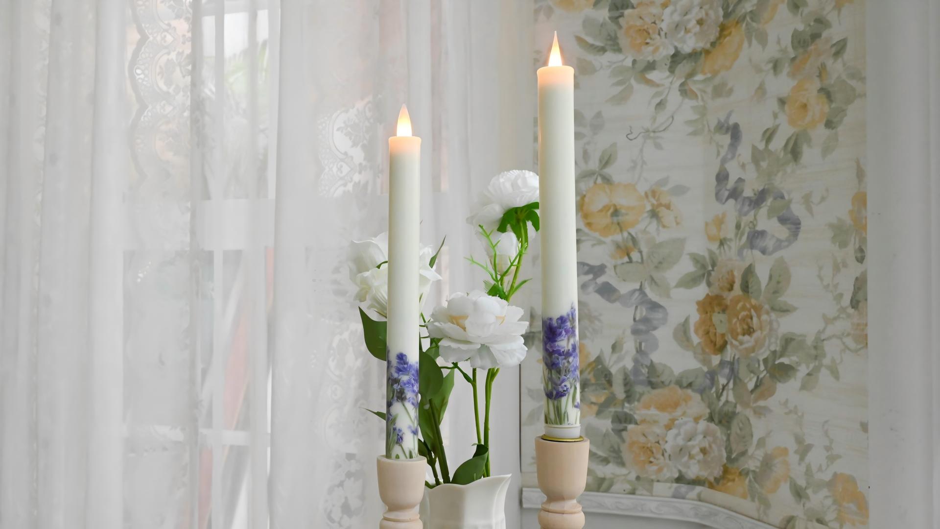 Image of Flameless Taper Candles Flickering with Remote and Timer, 3D Moving Flame Taper Candle Battery Operated to 400 Hours, 9 Inch Window Candles, (Lilac)