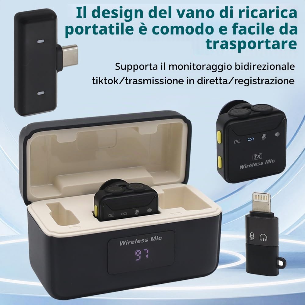 Microfoni Wireless Lavalier(2TX+1RX) Mini Microfono Plug-and-Play,Registrazione a Doppio Canale,Microfono Portatile Con Riduzione Intelligente del Rumore Per Smartphone, Registrazione Video