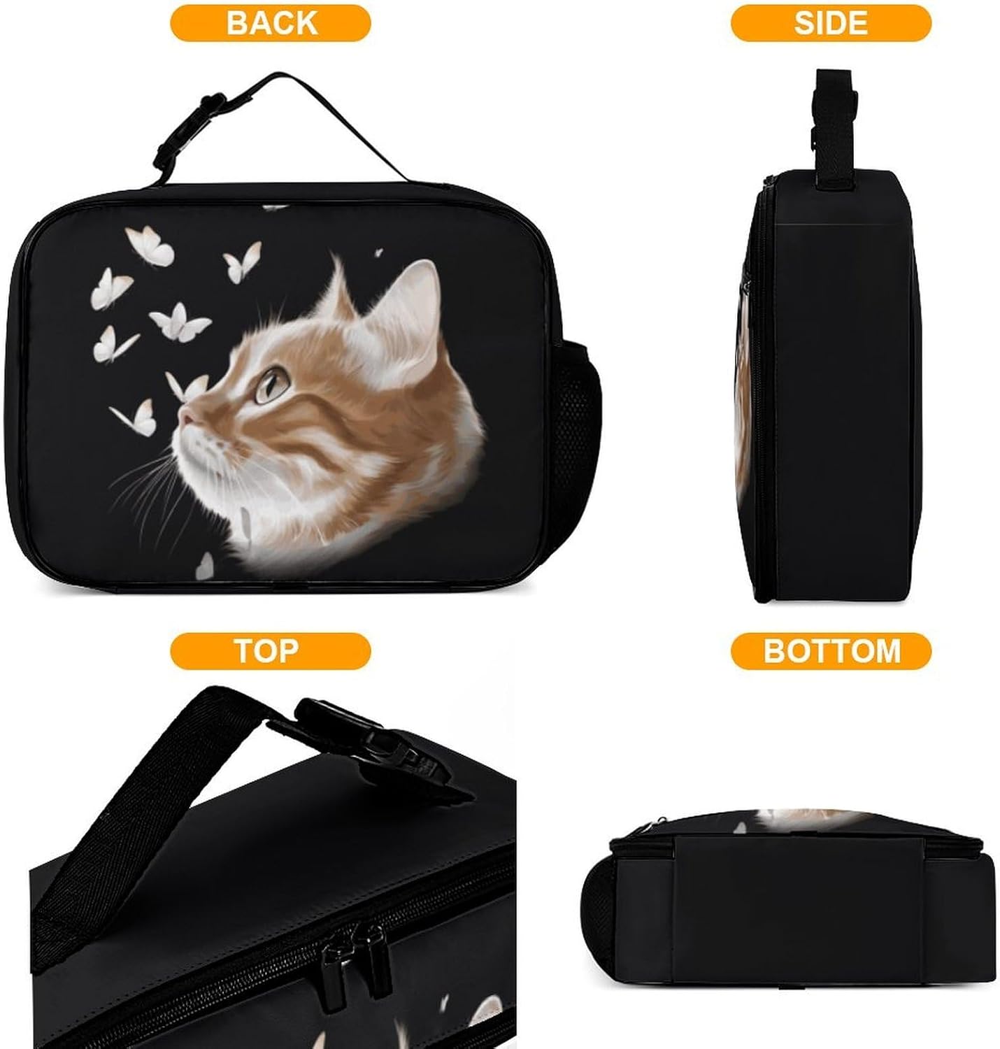 Cat Butterfly Reusable Lunch Box Insulated Lunch Bag Cooler Bag Lunchbox Meal Food Container Tote Bag for Women Kids Girls School Camping Hiking Picnic Beach Travel