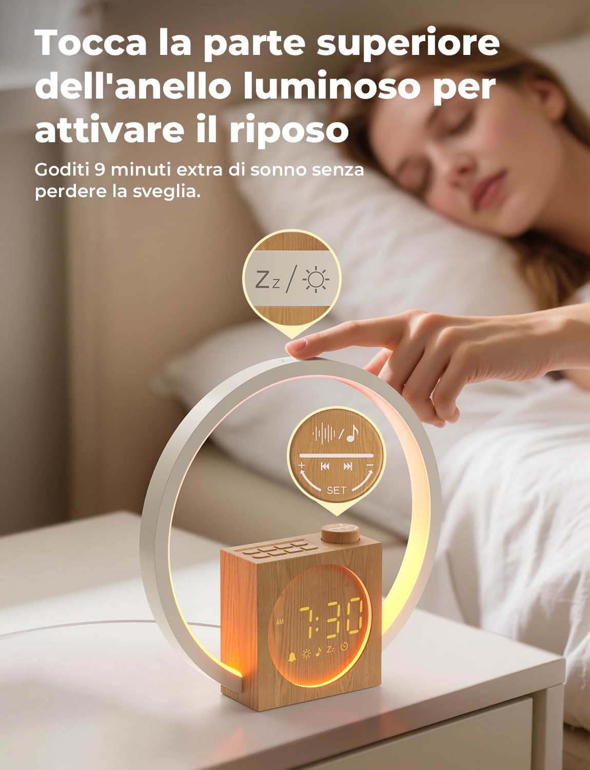 LIORQUE Sveglia Luminosa con Rumore Bianco, 30 Suoni, Alarma Snooze | Timer Spegnimento, Volume e Luminosita Regolabili, Luce Notturna Colori Dinamici, Adattatore Incluso