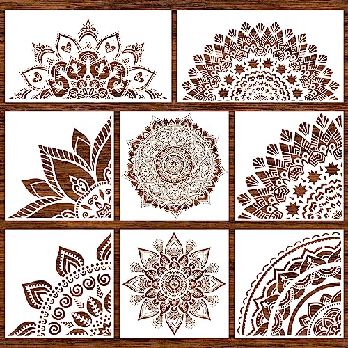 8 Pieces Mandala Painting Templates - Reusable Floral Design Stencil for DIY Wall, Tile, Furniture, Canvas, Outdoor Indoor Decoration