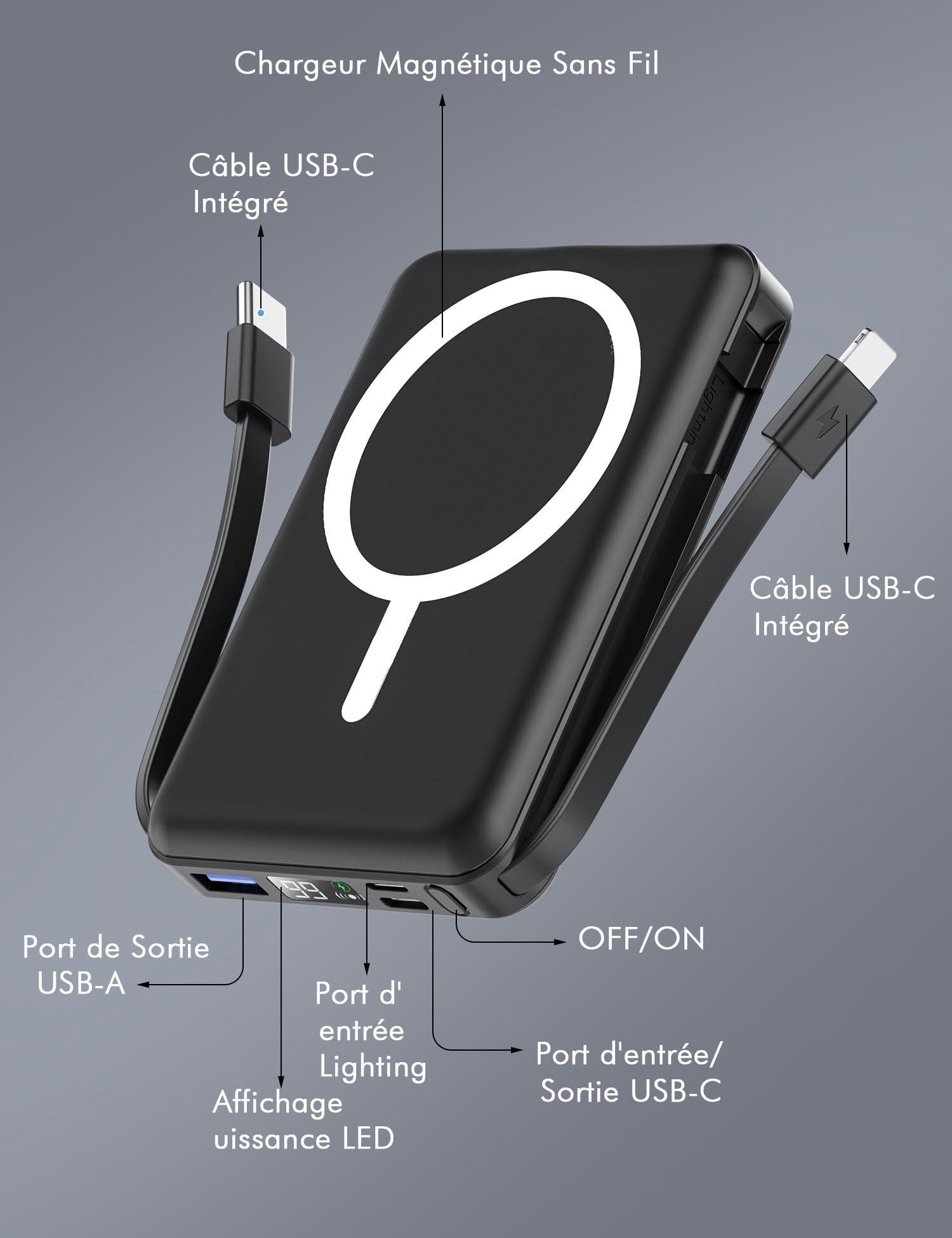 Podoru Batterie Externe Magnetique, Batterie Externe iPhone de 10000 mAh avec Double Câble de Données USB-C Et Affichage LED, Power Bank pour iPhone 17/16/15/14/13/12/ Toutes Les séries -Noir
