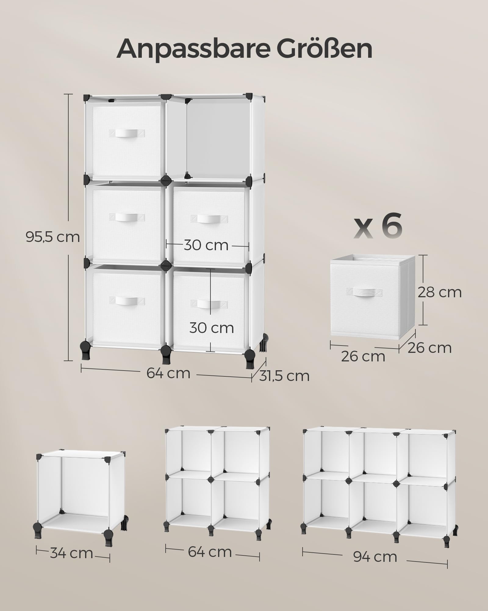 SONGMICS Würfelregal mit 6 Boxen, Regalsystem, Aufbewahrungsregal mit 6 Würfeln, DIY, erweiterbar, platzsparend, Schlafzimmer, weiß LPC062W06