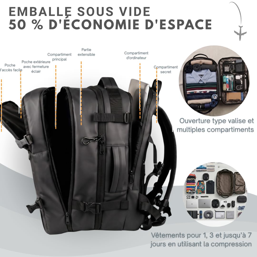 Sac de Voyage Sous Vide – Avion Bagage Cabine Avec Ouverture Valise (Noir)