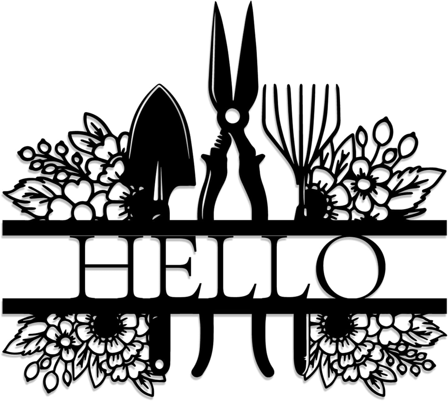 Gardening Tools Hello Floral Metal Wall Art Metal Signs Metal Outdoor Decor WallArt Decor Farmhouse Rustic Wall Sculpture Trendy Home Decoration Office (Black,20 Inches)
