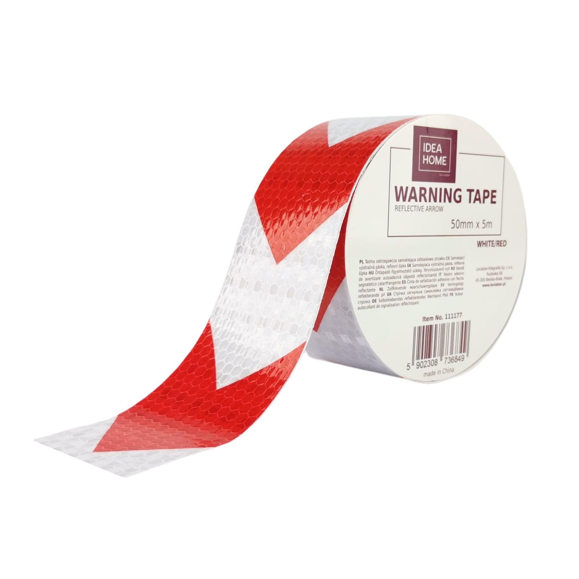 IDEA Home Reflective Striped Warning Tape 50mm x 5m – Self-Adhesive Barrier Tape, Marking Tape for Floor and Safety Marking, Arrows, White/Red