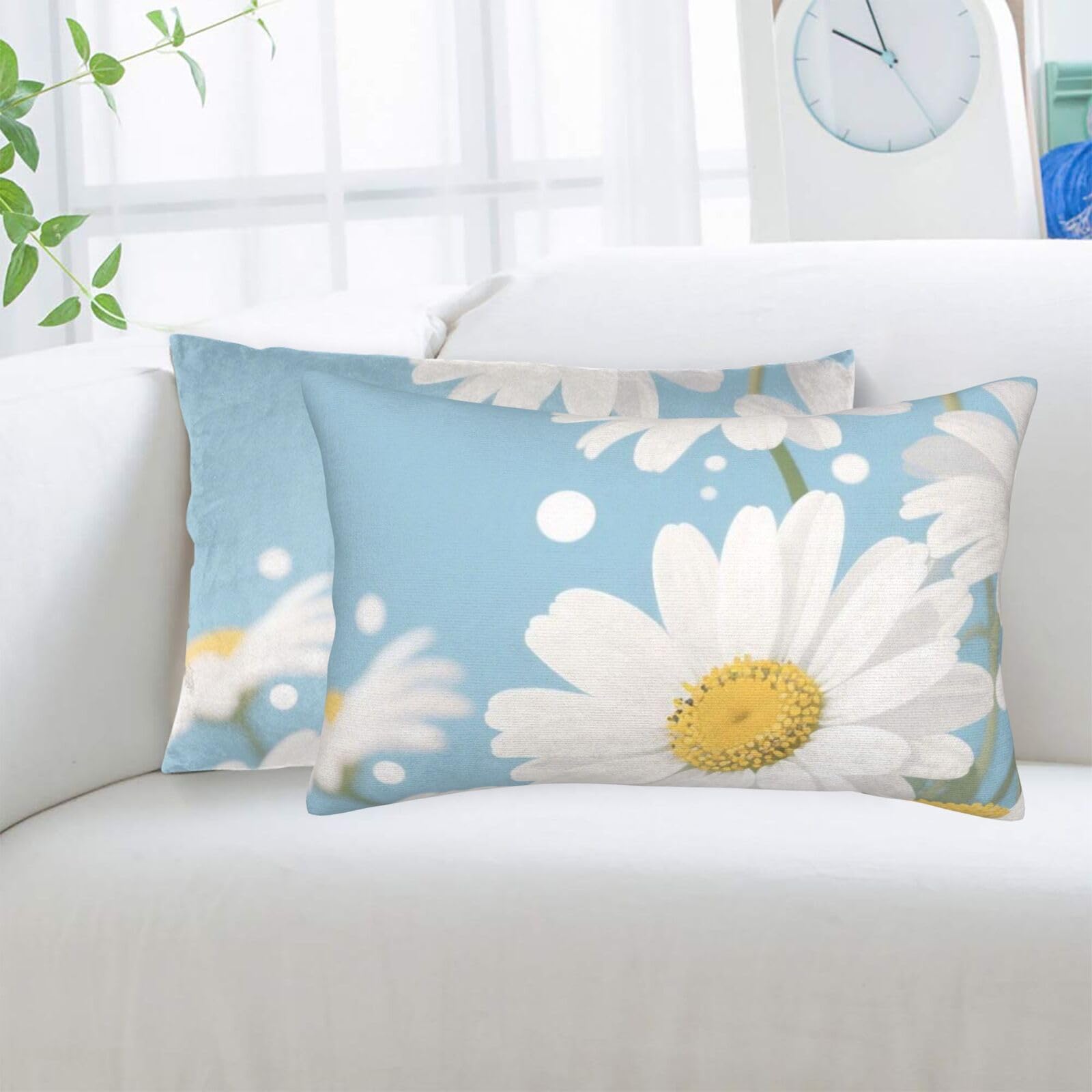 2 Pack Standard Pillowcases Sets, Ultra Soft Comfort Microfiber Plush Pillow Cases White Daisy Flower Decorative Throw Pillow Cover with Hidden Zipper for Bedroom, Sofa, Couch,20"X30"