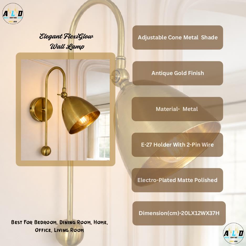 Image of Antique Gold Adjustable Wall Lamp | E27 Holder with Free LED Filament Bulb | Premium Metal Wall Lamp for Living Room, Bedroom & Study