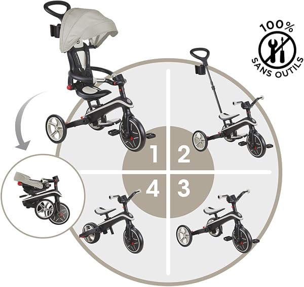 Globber - Tricycle Explorer 4 en 1 - Tricycle Pliable et évolutif en draisienne pour Les Tout-Petits de 10 Mois à 5 Ans - Taupe - 3