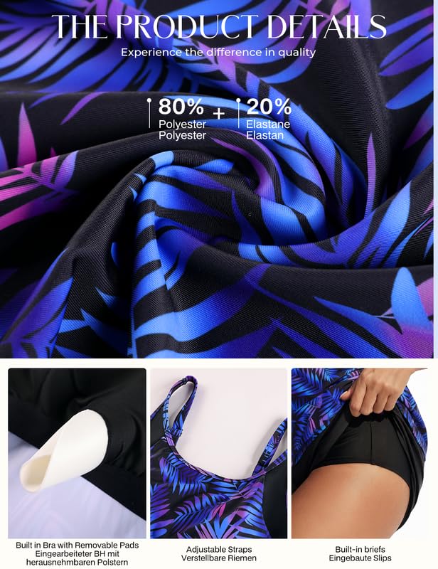 Hanna Nikole Tankini pour femme - Maillot de bain 2 pièces push-up - Maillot de bain et culotte intégrée - Taille haute - Avec poches - Maillot de bain réglable