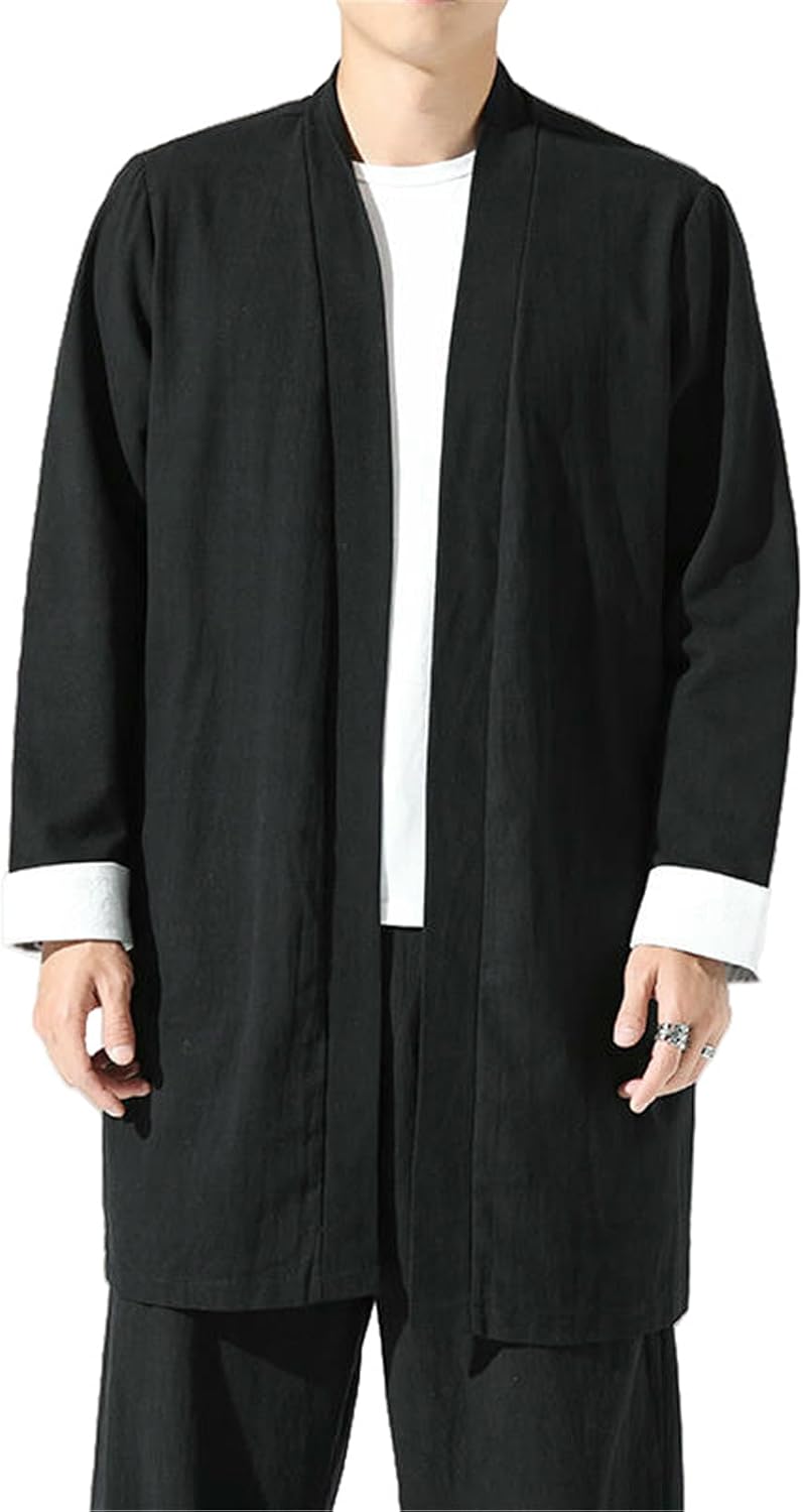 Men's Autumn Chinese Style Cotton Linen Solid Color Mid-Length Casual Cardigan Tang Suit Hanfu Windbreaker