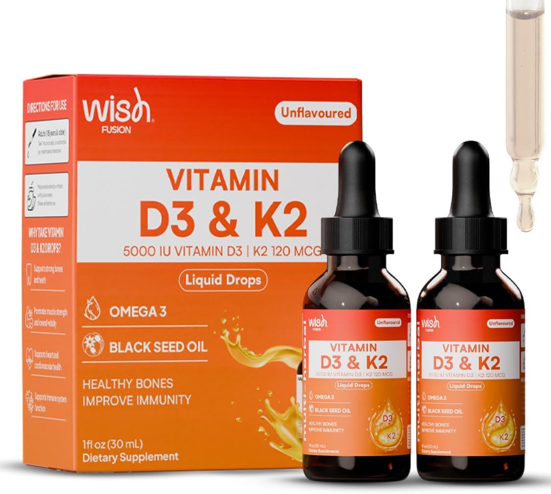 Liquid Vitamin D3 K2 Drops, 2 Pack Vitamin D Drops with Omega 3, 5000 IU D3, 120mcg K2, for Immune Support & Bone Health Black Seed Oil & Organic MCT, Liquid Multivitamin for Women & Men