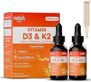 Liquid Vitamin D3 K2 Drops, 2 Pack Vitamin D Drops with Omega 3, 5000 IU D3, 120mcg K2, for Immune Support & Bone Health Black Seed Oil & Organic MCT, Liquid Multivitamin for Women & Men