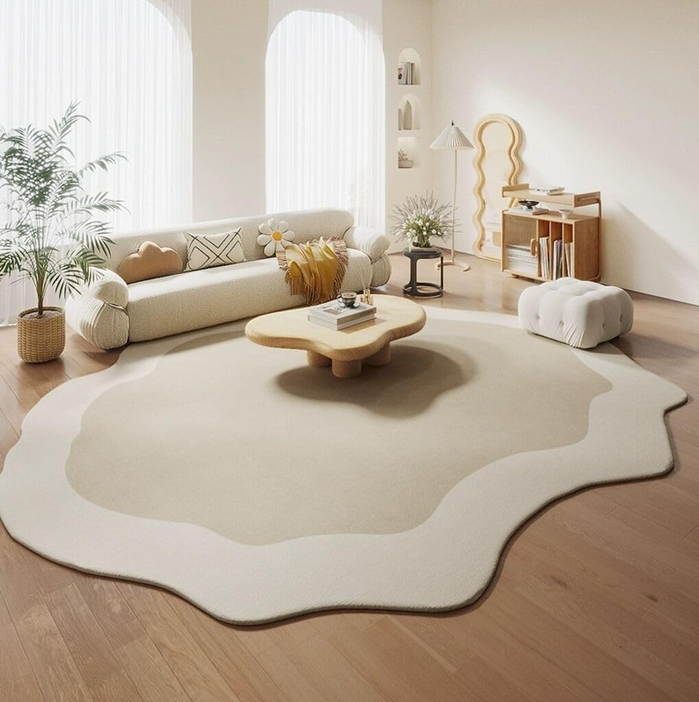 Minimalist Cream Beige Irregular Area Rug 5x8 Modern Abstract Shaped Rugs for Living Room Guestroom Meetingroom Unique Designer Low Pile Washable Carpet Funky Boho Bedroom Home Office Anti Slip Mats