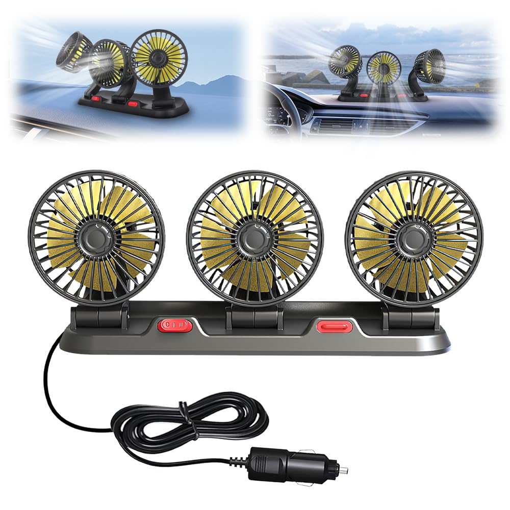 Ventilateur de Voiture 12V, Ventilateur Auto, Ventilateur Voiture, Ventilateur électrique Automobile à Trois Têtes, 2 Vitesses Rotatif à 360 °ventilateur de Véhicule, Avec Prise Allume-Cigare