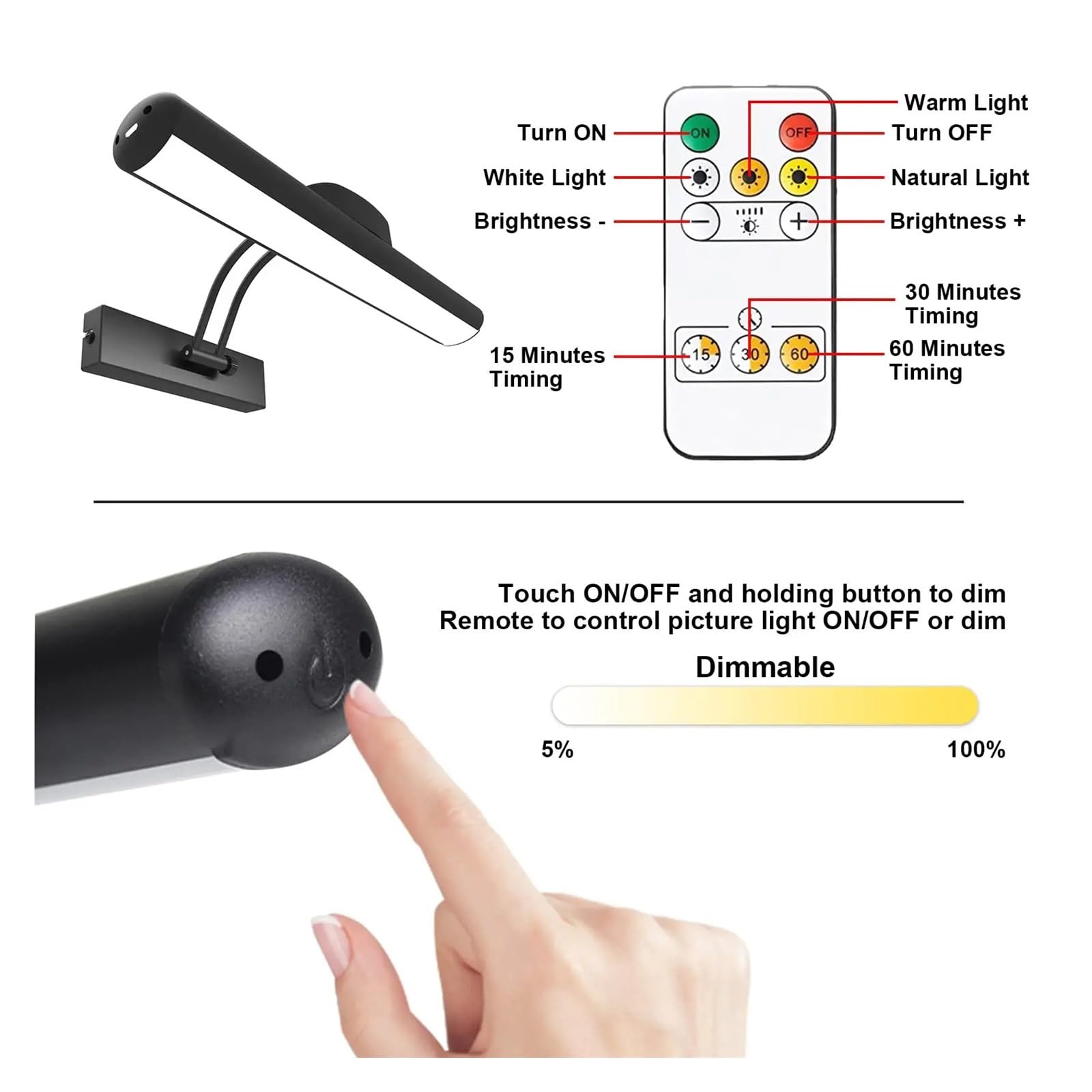 Illuminazione da parete ricaricabile tramite USB senza fili, regolabile tramite telecomando, interruttore a 3 colori, angolo di luminosità, luci for esposizione di quadri artistici Copertura completa