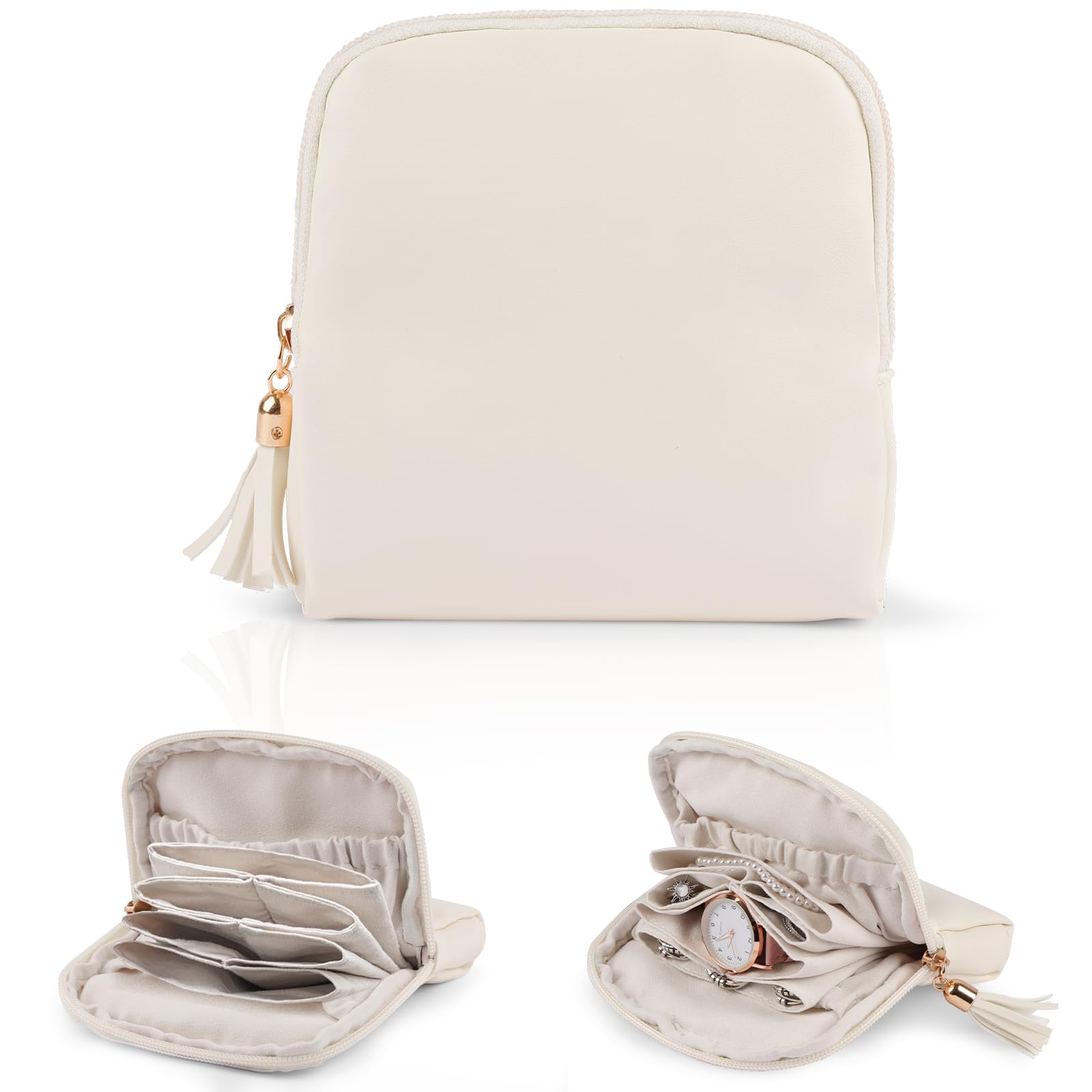Pochette Bijoux Portable Multifonction Beige, Boîte à Bijoux de Voyage avec Franges