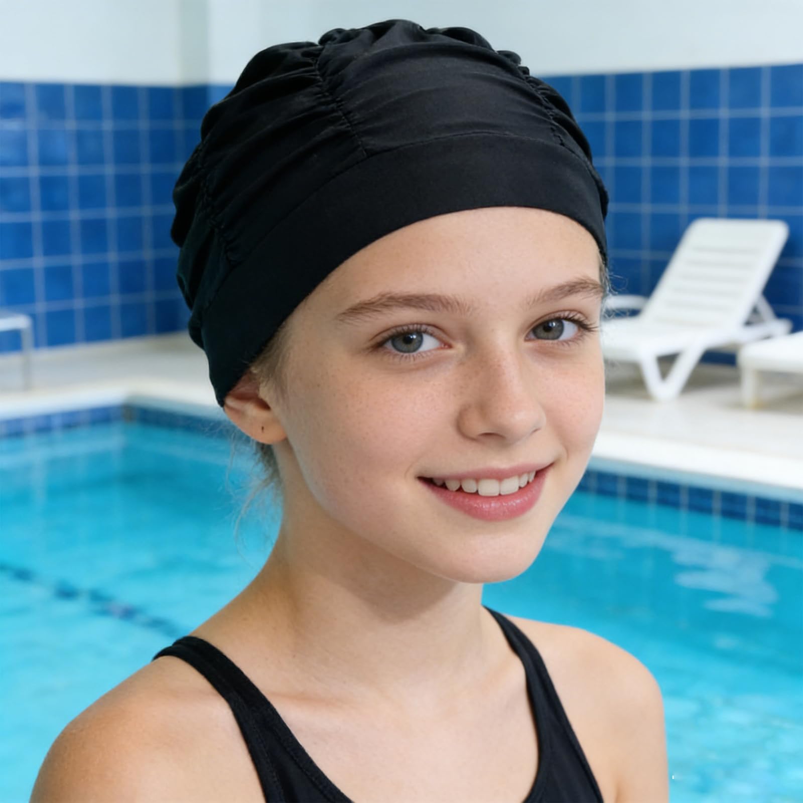 Cuffia da nuoto da donna, 2 pezzi, in tessuto elastico in poliestere, traspirante, per donne e capelli spessi, estivi, piscina coperta, spiaggia, vacanze