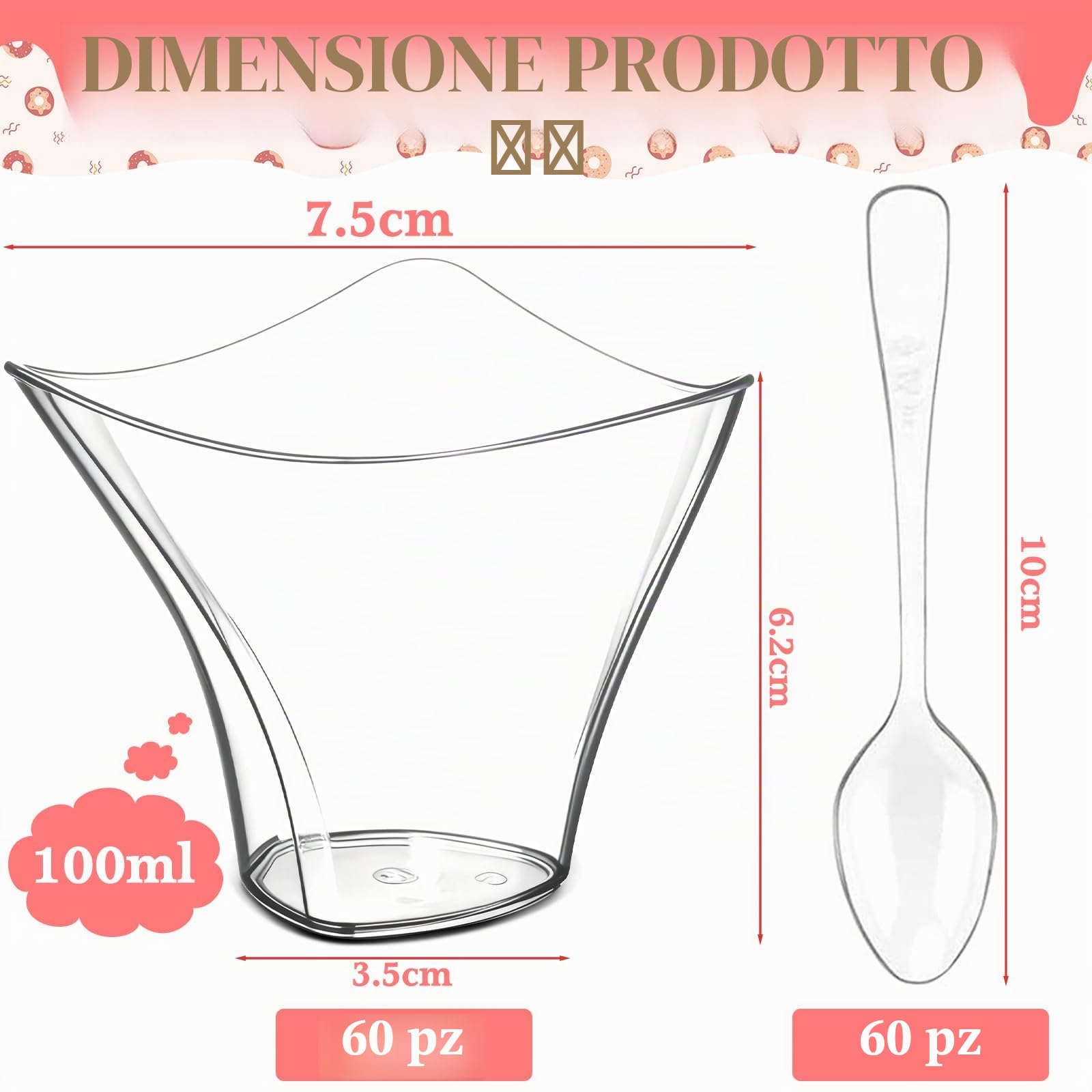 60 Pezzi Tazze Da Dessert 100 Ml/4oz, Plastica Bicchierini Finger Food Con 60 PCS Cucchiai,Rotonde Curve,Riutilizzabili Mini Trasparenti Bicchierini per Finger Food,Per Mousse,Budini,Gelati,Feste