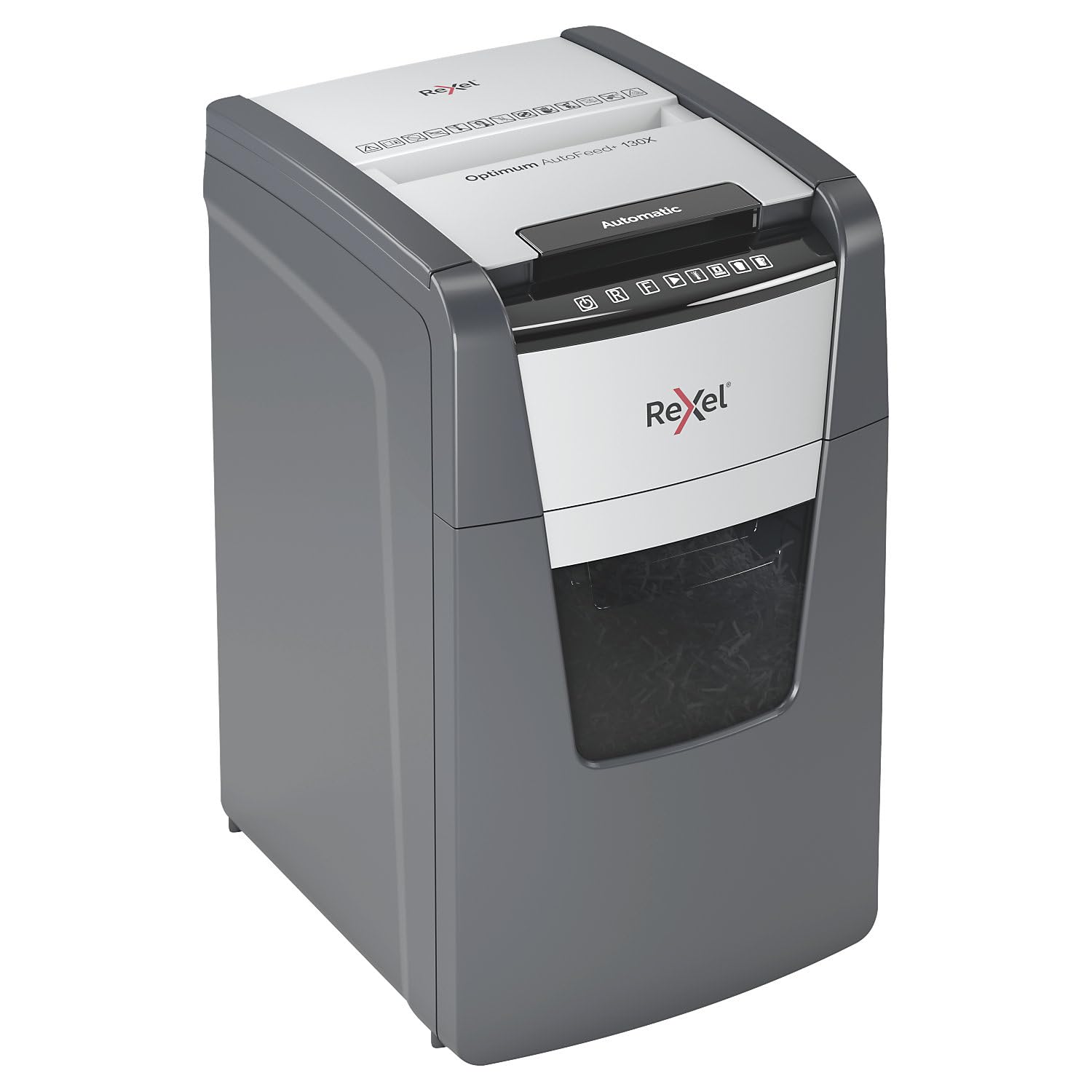Rexel Optimum AutoFeed+ 130X Distruggidocumenti automatico CH, 130 fogli, livello di sicurezza P4, taglio a particelle, per piccoli uffici, contenitore per rifiuti da 44 litri, con spina di
