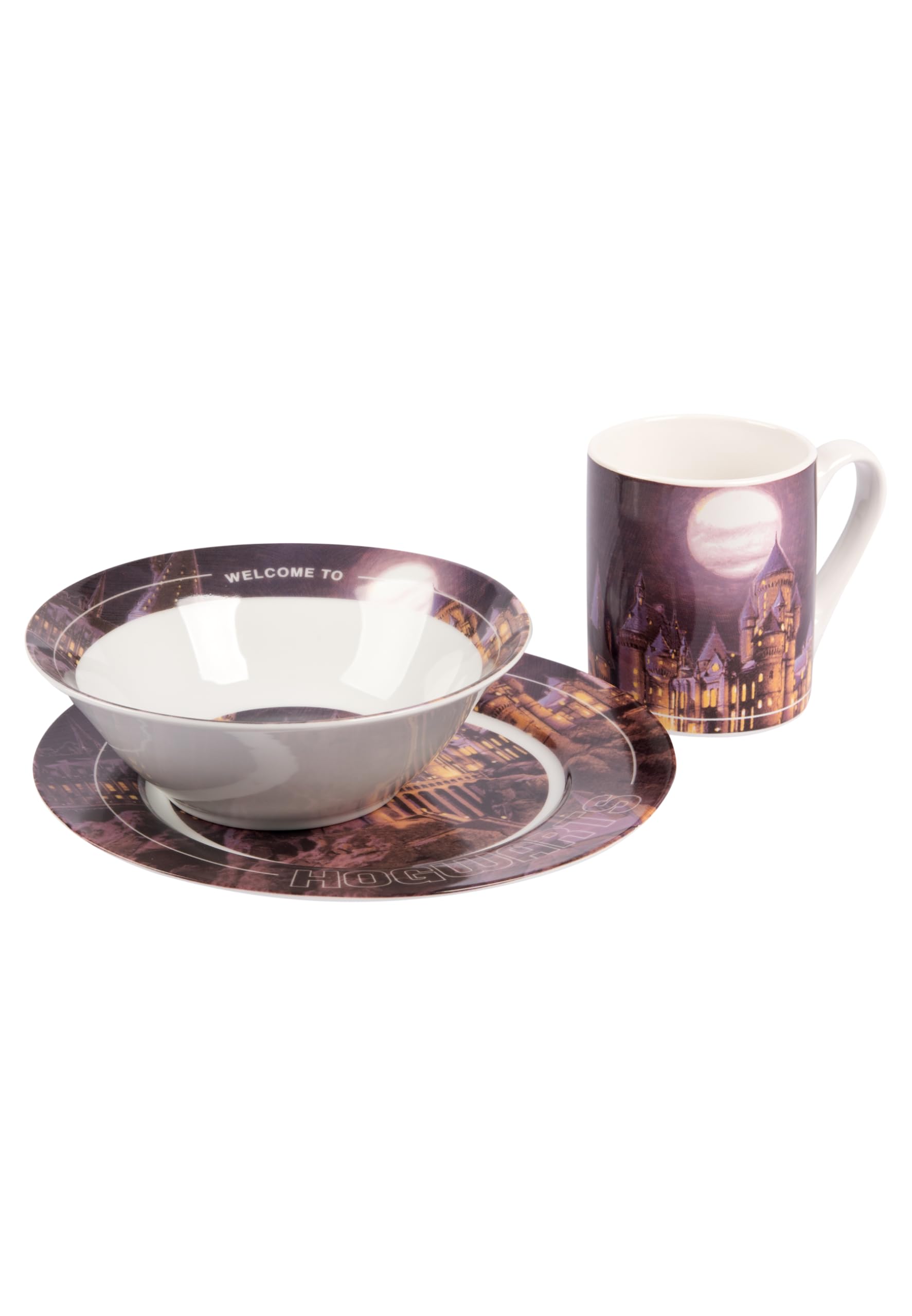 United Labels Harry Potter zestaw śniadaniowy dla dzieci, z motywem Hogwartu, 3-częściowy zestaw naczyń porcelanowych, z talerzami, miską i filiżanką, nadaje się do mycia w zmywarce i używania w