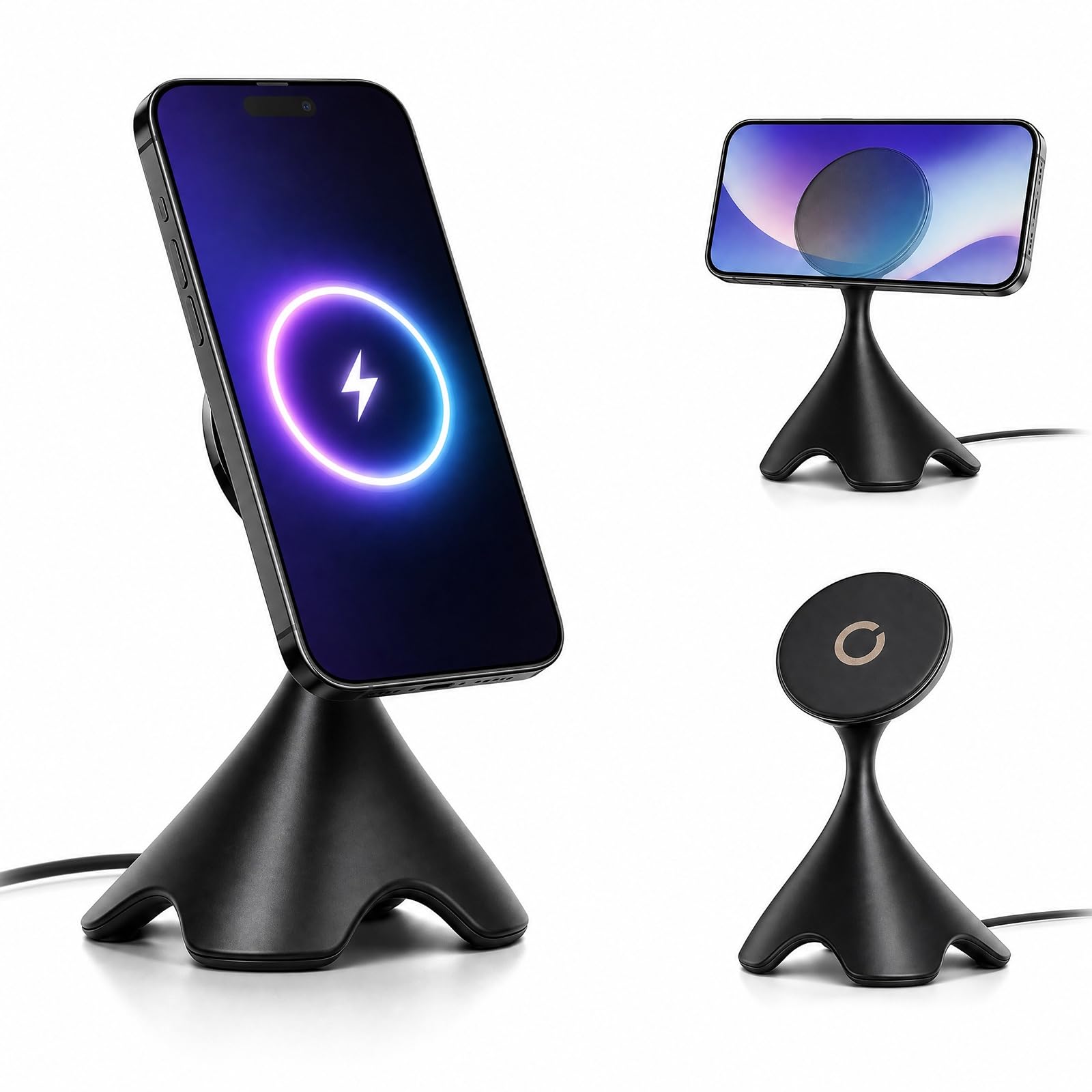 Supporto magnetico per telefono con base di ricarica wireless rapida | Ricarica rapida da 15W con allineamento automatico, angolazione regolabile, compatibile con i principali smartphone