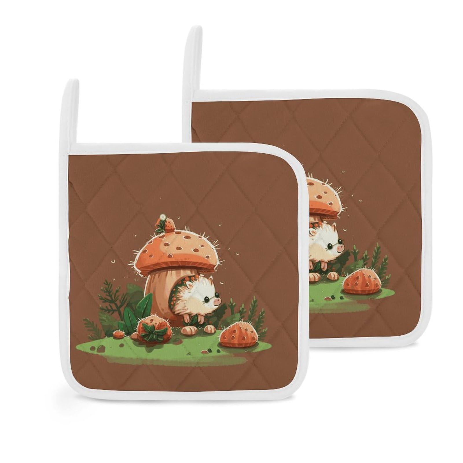 Btcowzrv Style Hedgehog And Mushroom 2 Pack Pot Holders For Kitchen, Heat Resistant Potholder Set With Hanging Loops, Hot Pads For Oven Baking Cooking