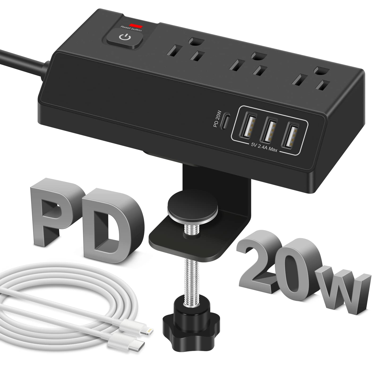 3 Outlet Desk Clamp Power Strip with 4 USB Ports - Desktop Edge Mount Surge Protector - Clamp on Power Strip USB C 20W - Desk, Men, Hotel, Home,