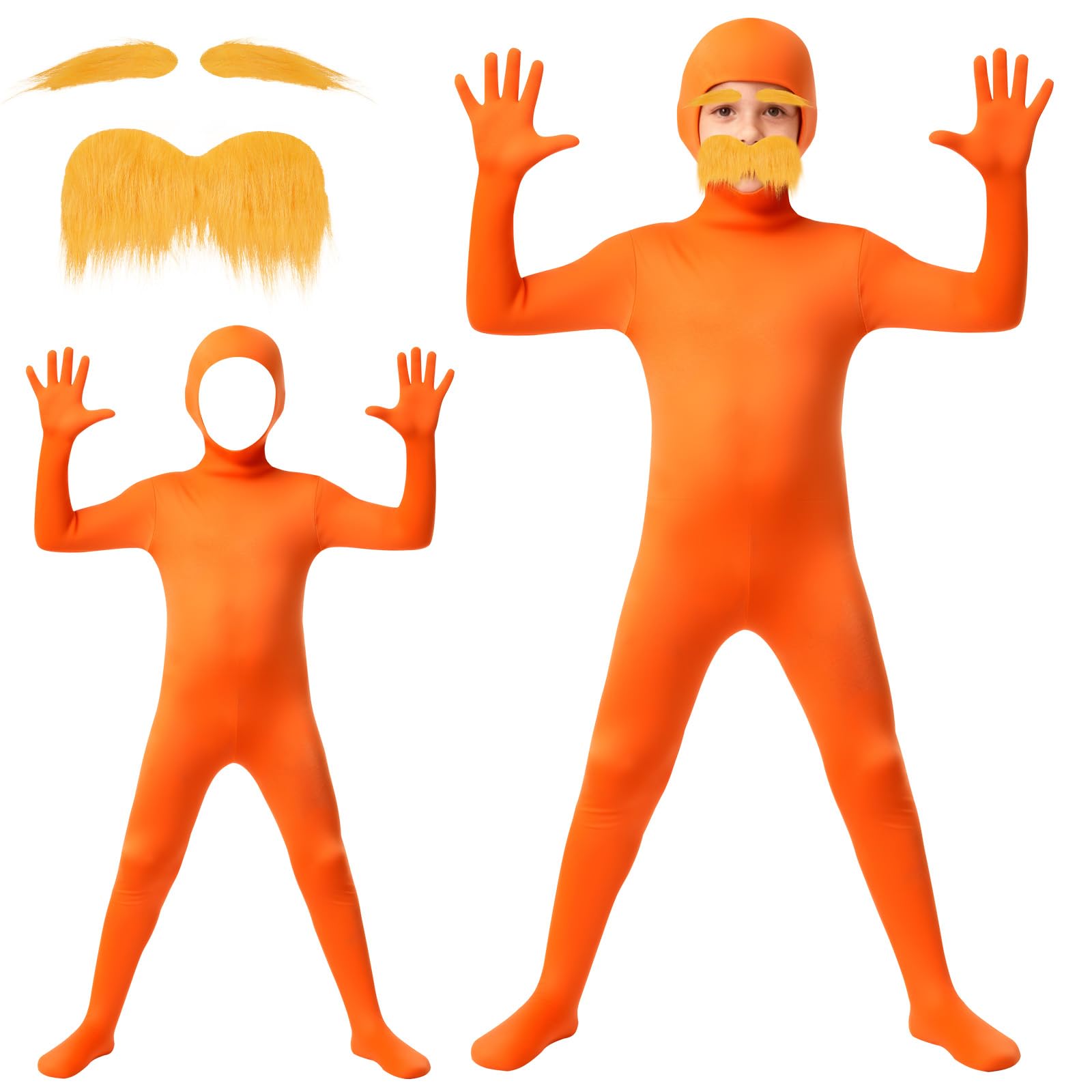 BSBUY Kids Orange Jumpsuit Costume Boys Open Face Bodysuit Stealth Suit Invisibility Cloak Yellow Mustache and Eyebrows One Piece Bodysuit Disappearing Outfit for Fancy Dress Party Backdrop Stage(150)
