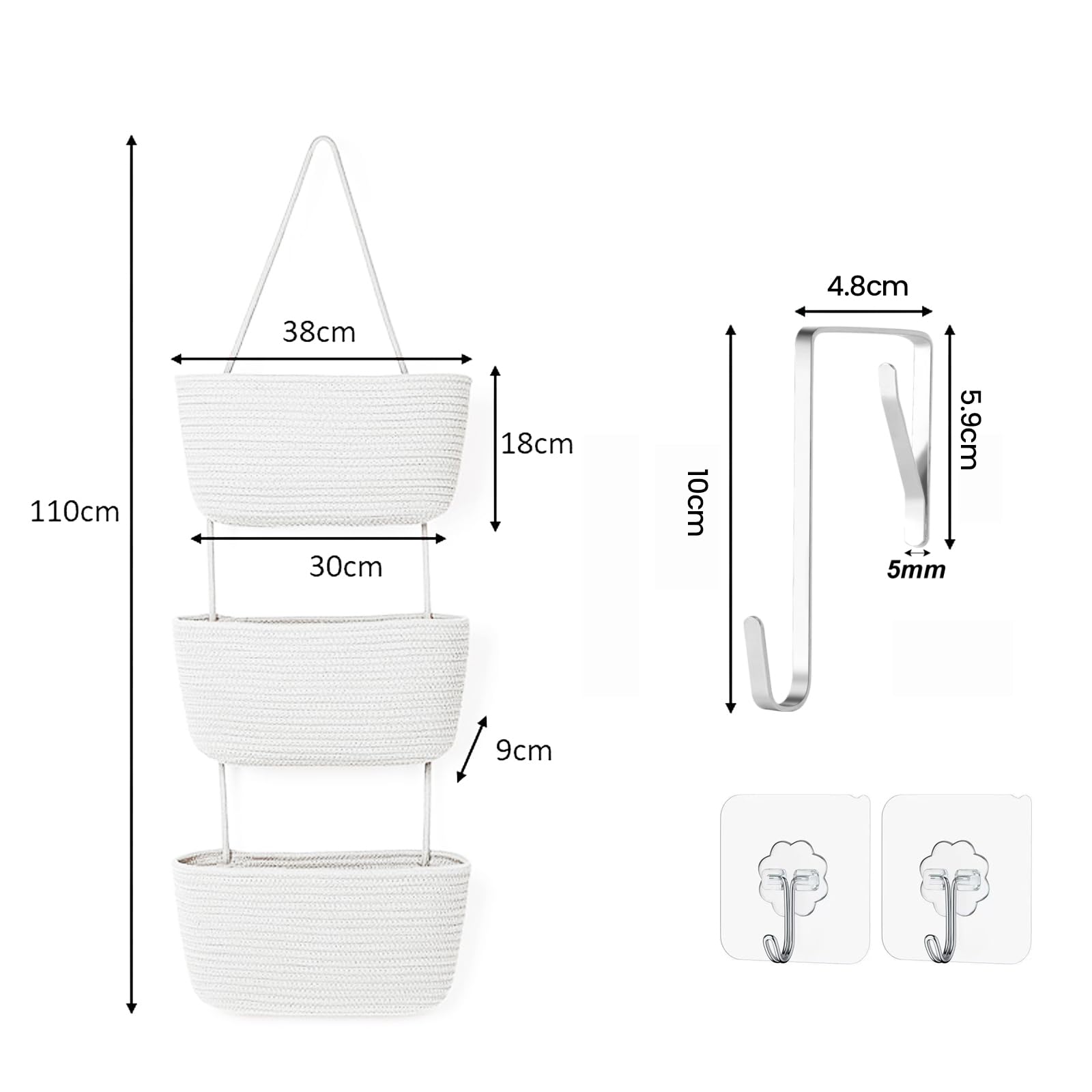 Hängender Organizer, Hängeorganizer Mit Haken, Wand Hängen Tasche Zum3-Tier, Hängeregal Stoff Wand aus Baumwollseil Gewebt, Für Wohnzimmer, Schlafzimmer, Bad, Kinderzimmer (Weiß)