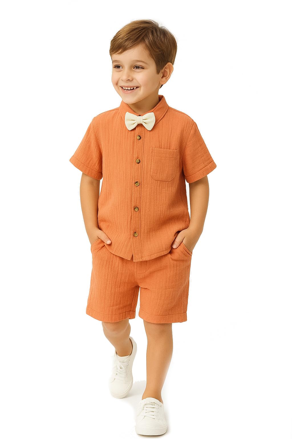bold n elegant Baby Boy Cotton Linen Solid Half Sleeve Shirt and Shorts Party Coord Set with Bow Tie-picture-13