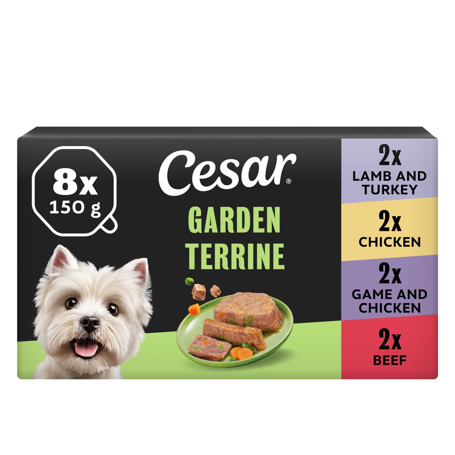 Cesar Garden Terrine Adult Wet Dog Food, Mixed Selection in Loaf, Garnished with Garden Vegetables, 8 x 150 g Trays (Pack of 3)