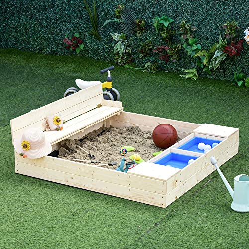 image for Outsunny Kids Wooden Sandbox w/ 2 Side Buckets Convertible Bench Seat 