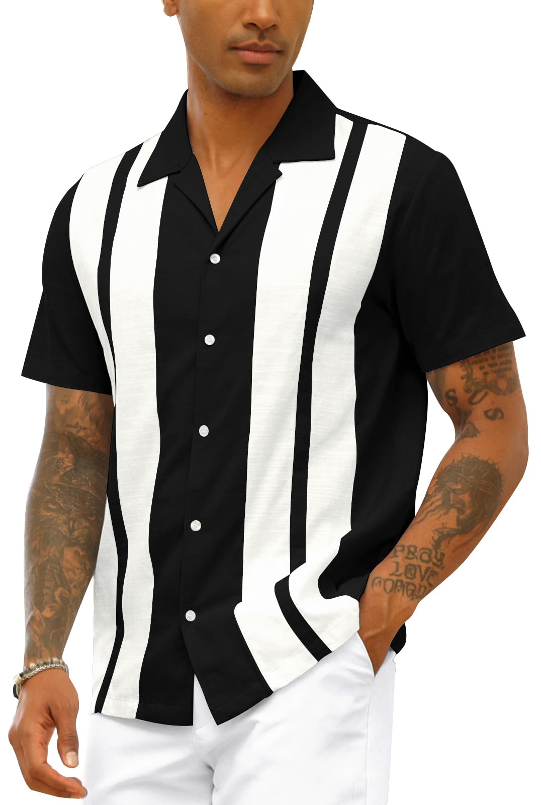 Camicia da bowling vintage da uomo, in cotone e lino, a maniche corte, con bottoni, top estivo